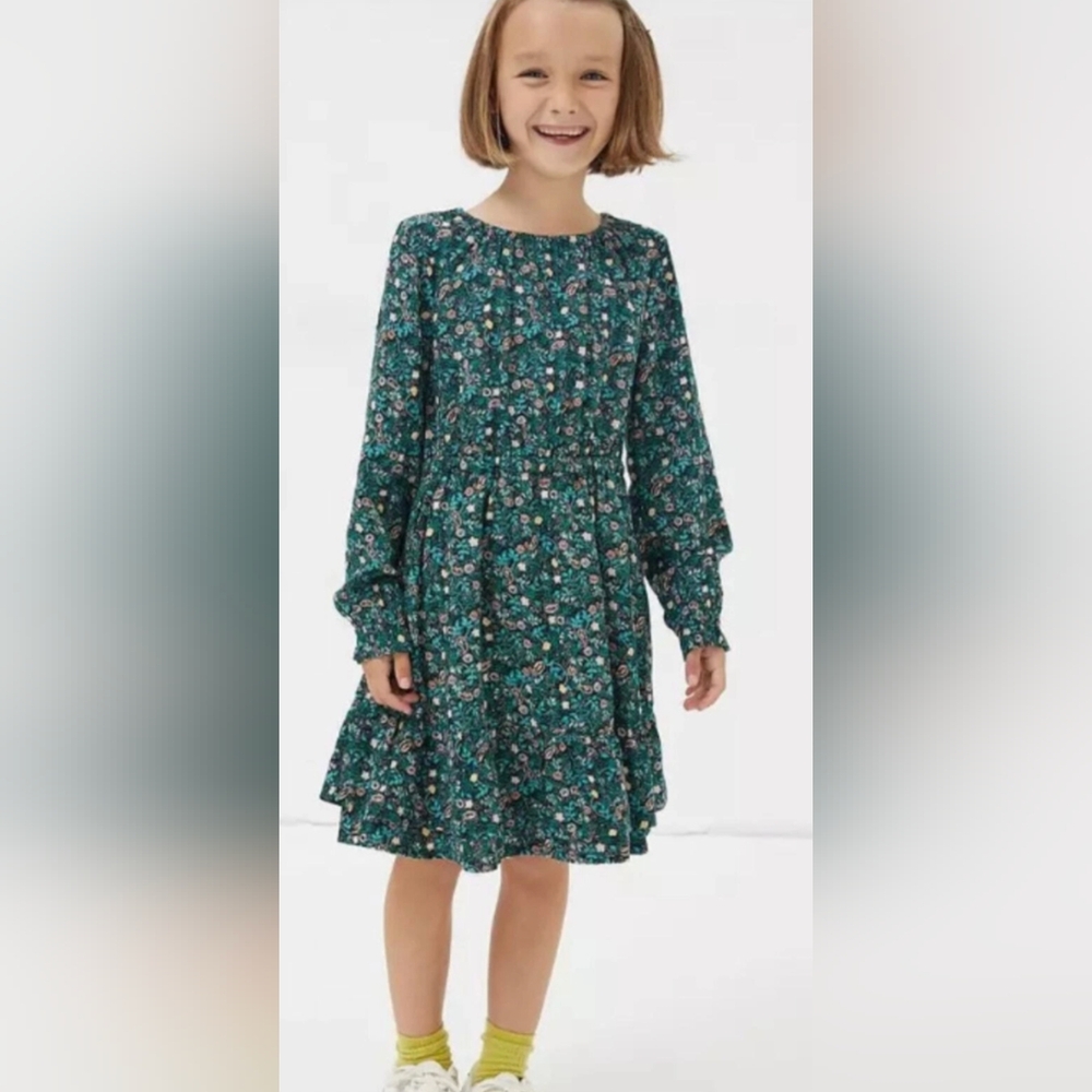 Fat Face Girls 3/4 Multicolored Tiered Long Sleeve Dress With Ruffle